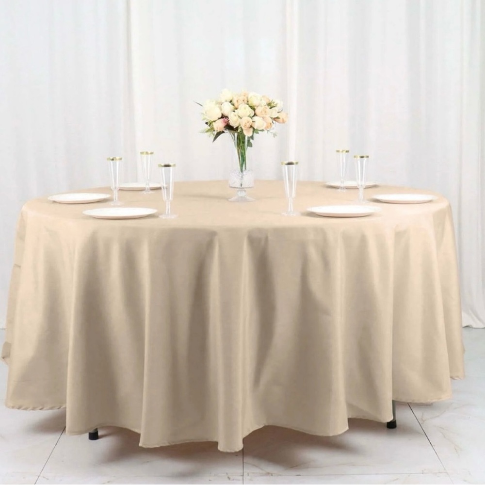 2- NEW 120” BEIGE ROUND TABLECLOTH